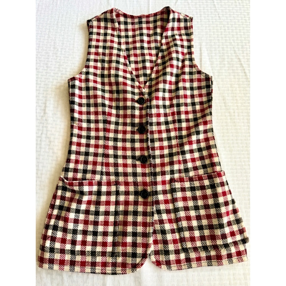 Vintage ILGWU Plaid Wool Long Vest Red Black Checkered Union Made USA S M